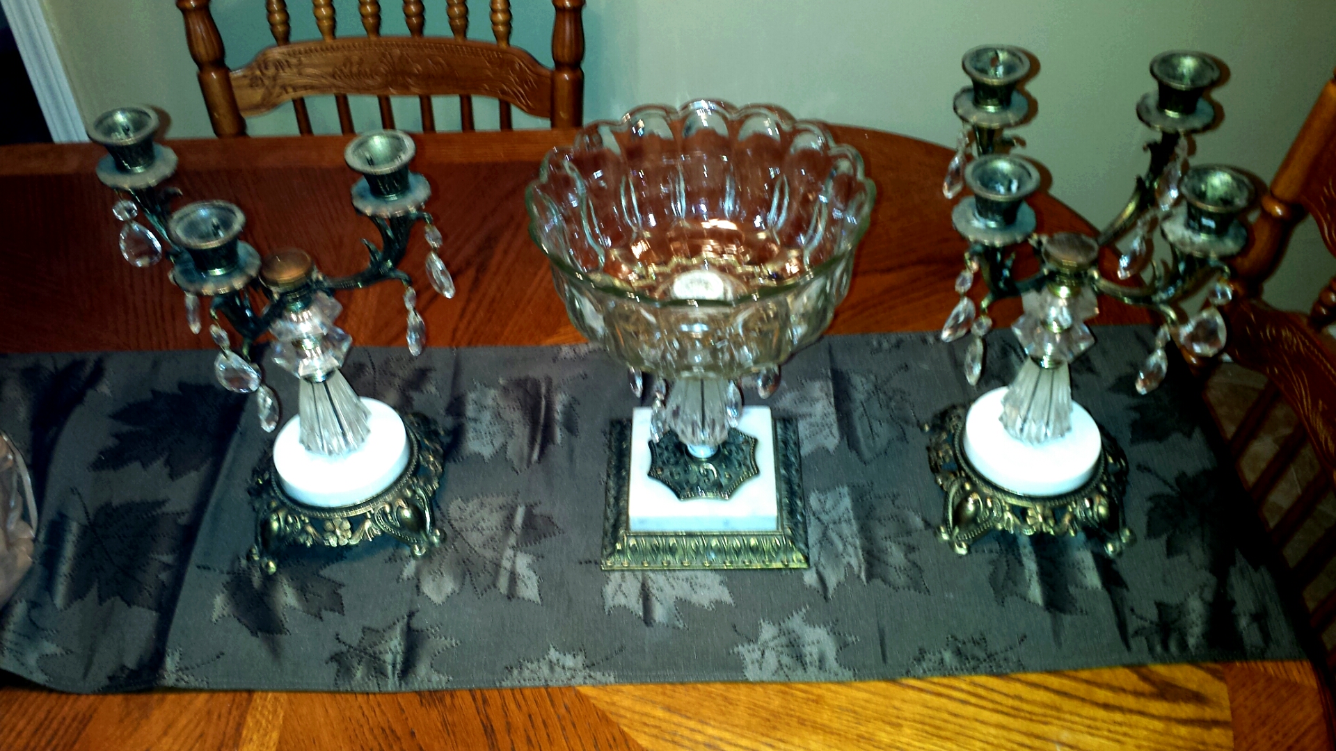 set of 3 antique brass, marble and chrystal candle holders and serving